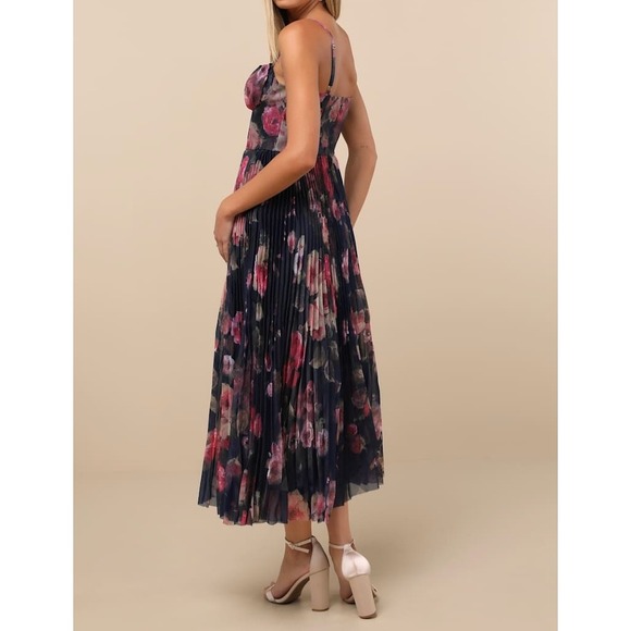 NWT Lulus Alluring Invite Midnight Blue Floral Pleated Bustier Midi Dress Medium - Picture 4 of 8